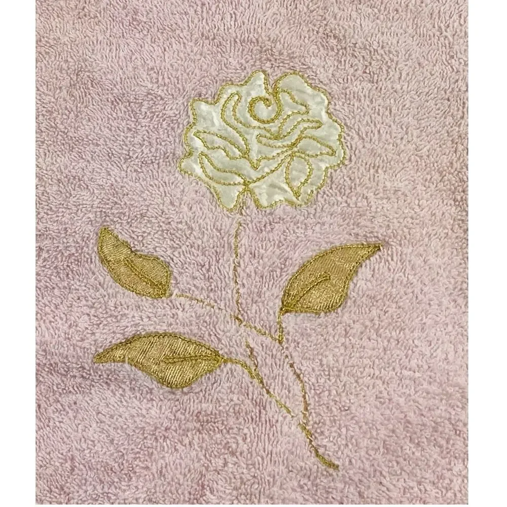 Cannon Bath Body Hand Towel Set Vintage Pink Floral Appliqué Gold Rose USA Flowe